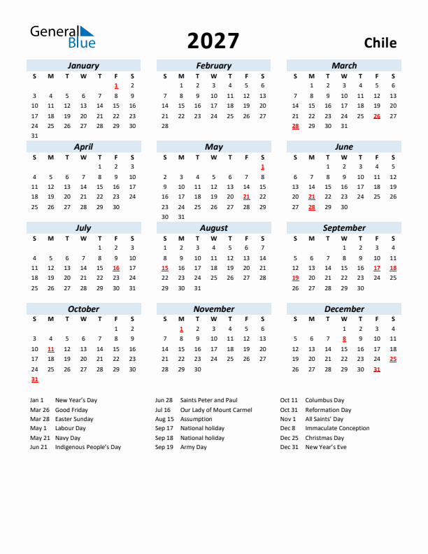 2027 Calendar for Chile with Holidays