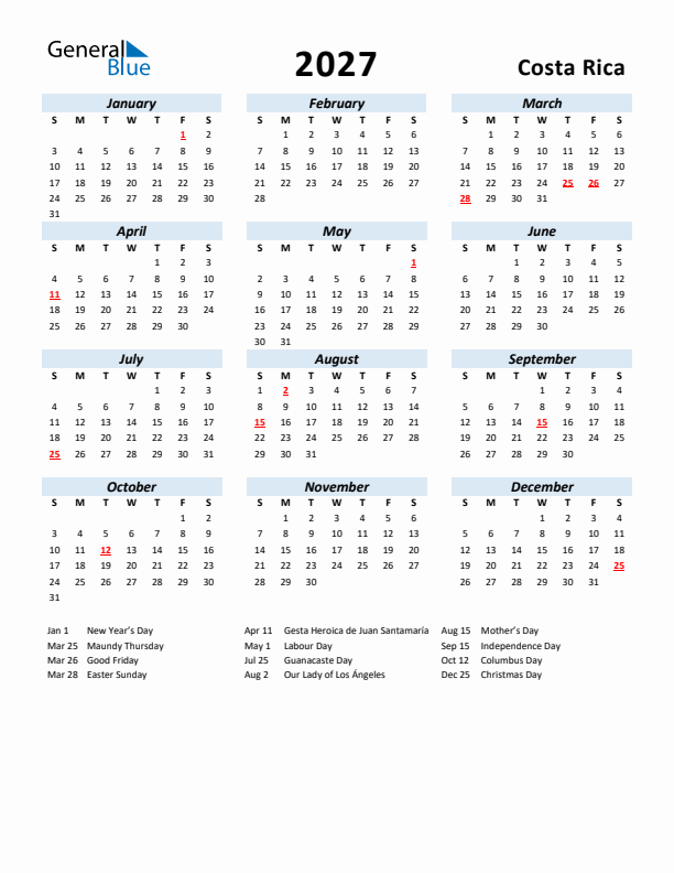 2027 Calendar for Costa Rica with Holidays