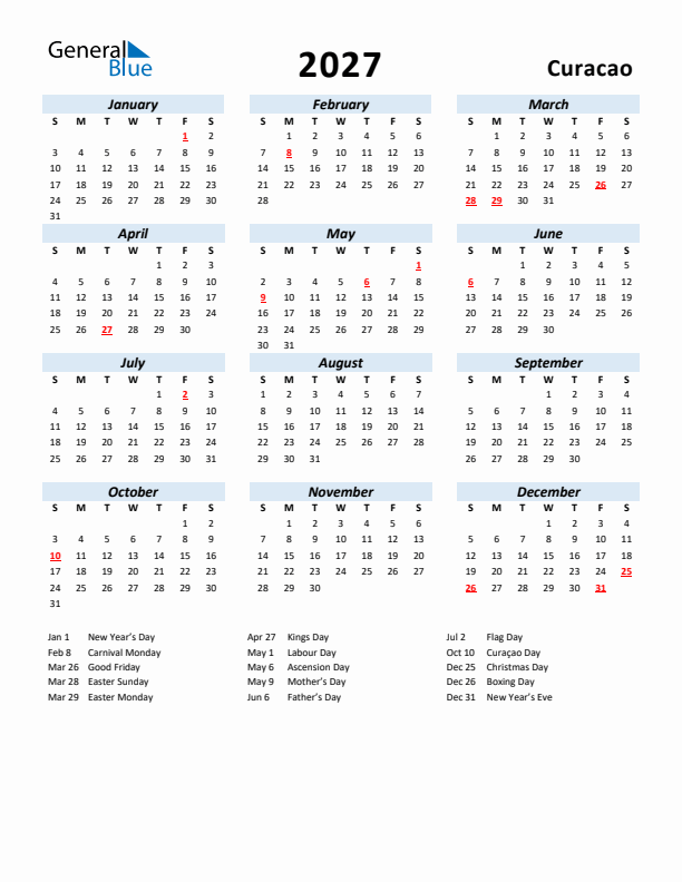 2027 Calendar for Curacao with Holidays