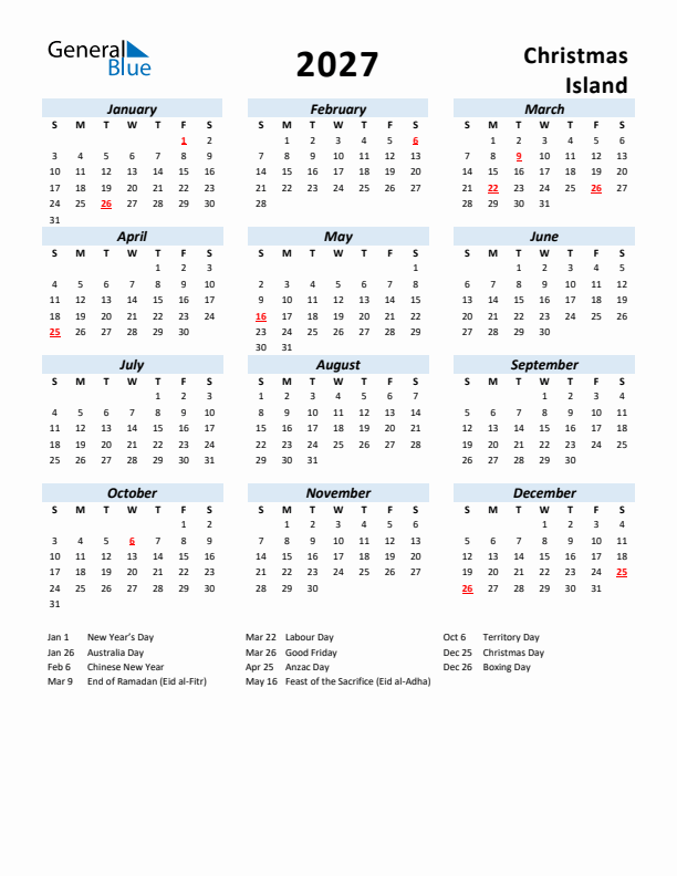 2027 Calendar for Christmas Island with Holidays