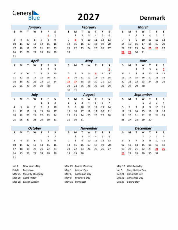 2027 Calendar for Denmark with Holidays