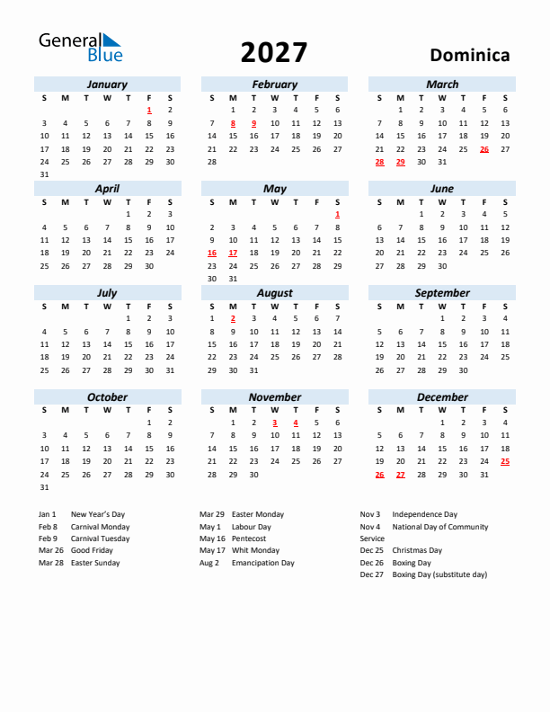 2027 Calendar for Dominica with Holidays