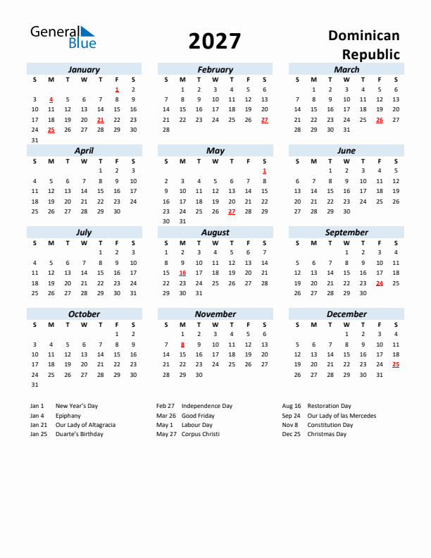 2027 Calendar for Dominican Republic with Holidays