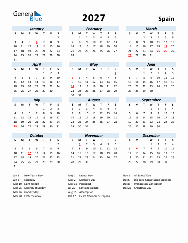 2027 Calendar for Spain with Holidays