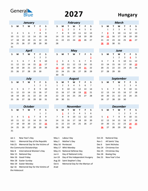 2027 Calendar for Hungary with Holidays