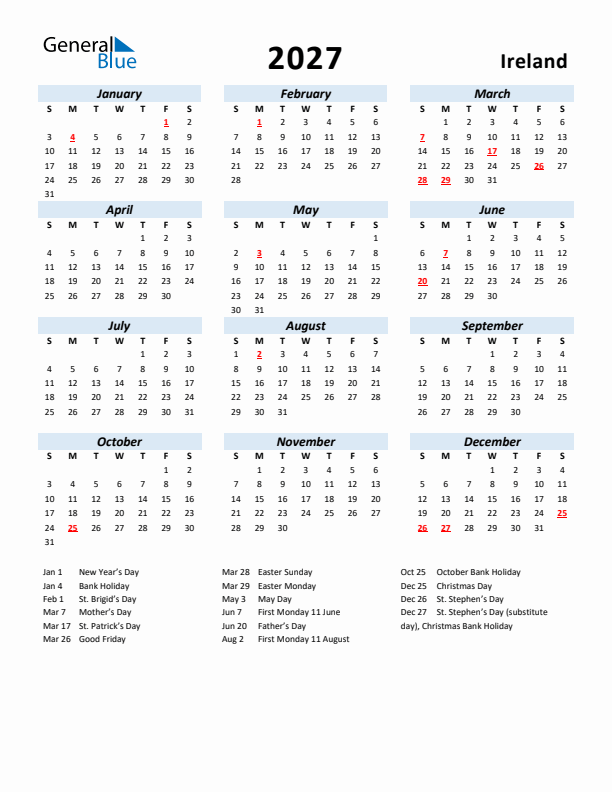 2027 Calendar for Ireland with Holidays