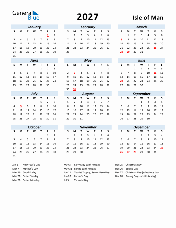 2027 Calendar for Isle of Man with Holidays