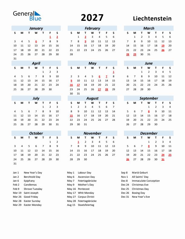 2027 Calendar for Liechtenstein with Holidays