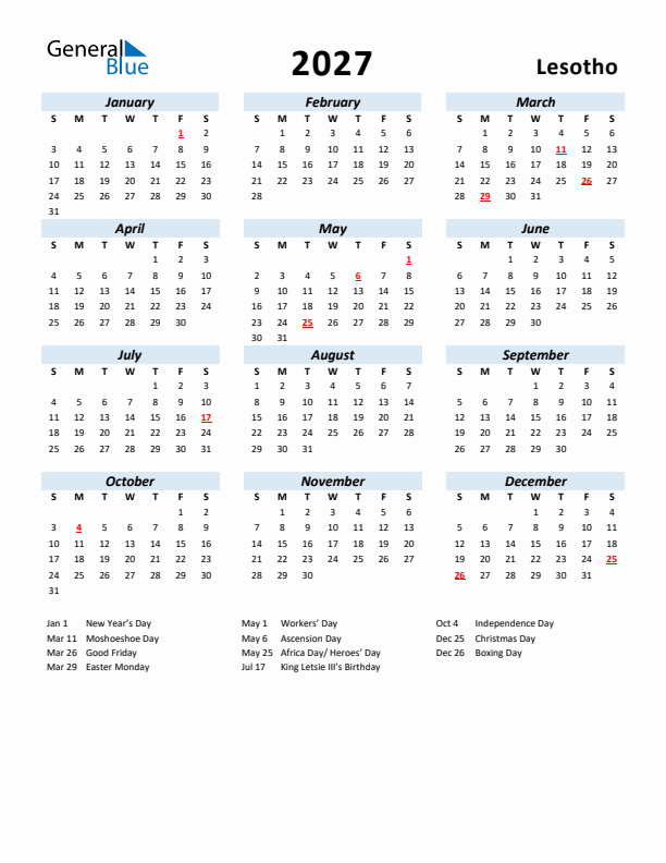 2027 Calendar for Lesotho with Holidays