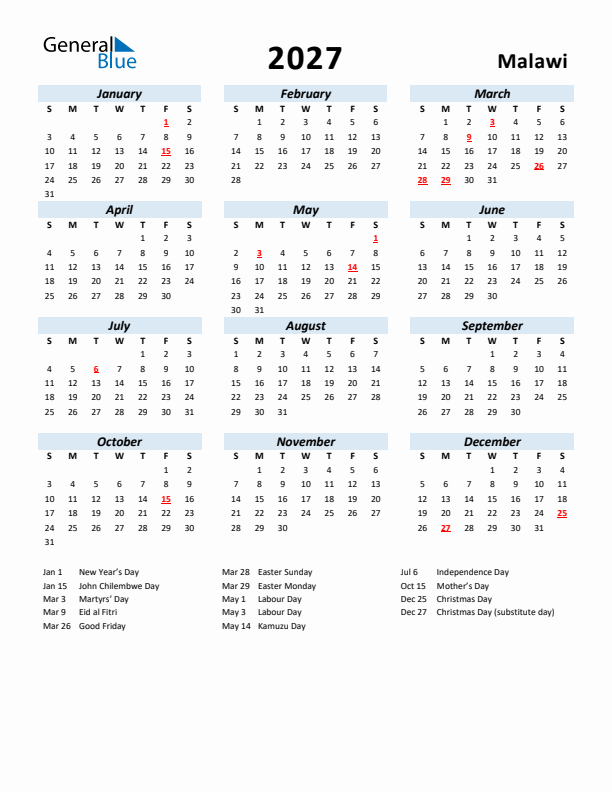 2027 Calendar for Malawi with Holidays