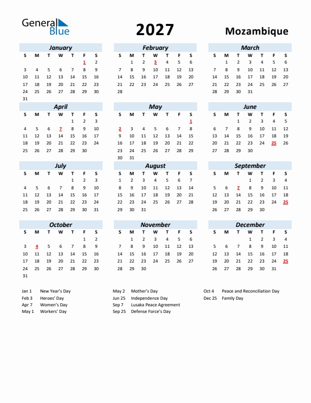 2027 Calendar for Mozambique with Holidays