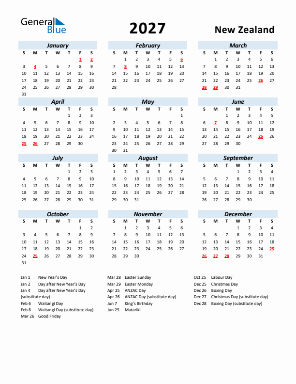 2027 Calendar for New Zealand with Holidays