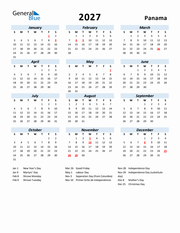 2027 Calendar for Panama with Holidays