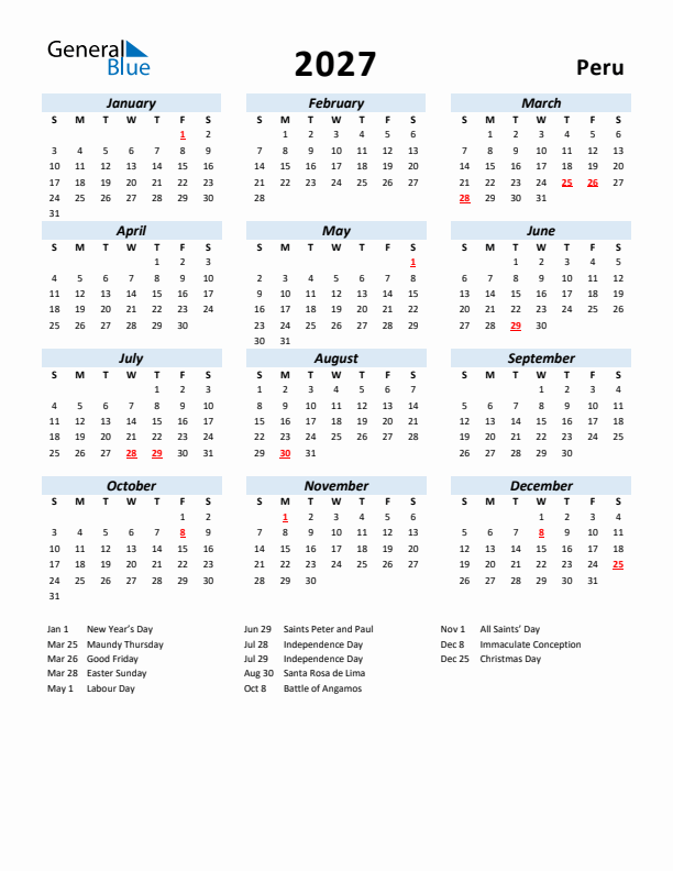 2027 Calendar for Peru with Holidays