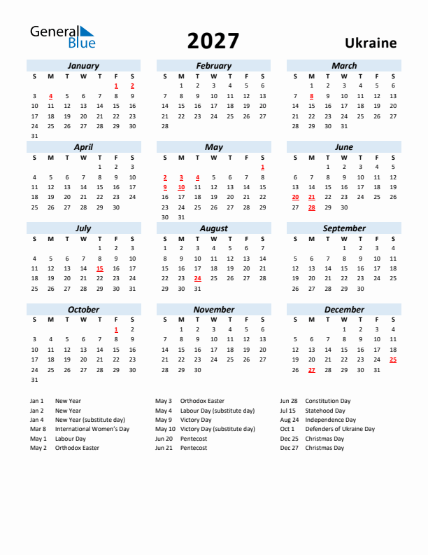 2027 Calendar for Ukraine with Holidays