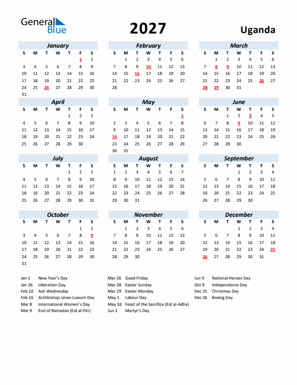 2027 Calendar for Uganda with Holidays