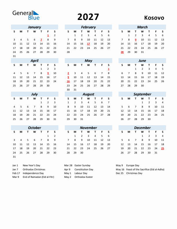 2027 Calendar for Kosovo with Holidays