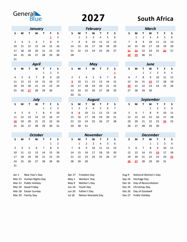 2027 Calendar for South Africa with Holidays