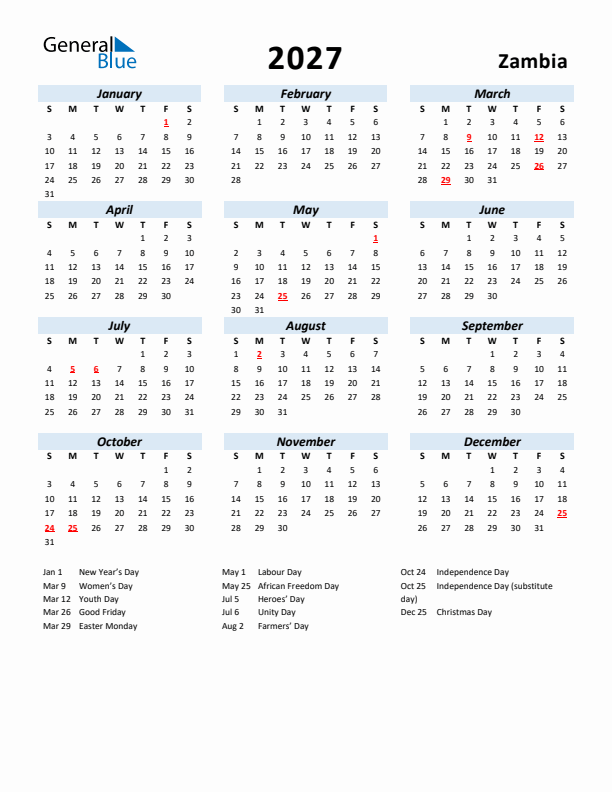 2027 Calendar for Zambia with Holidays