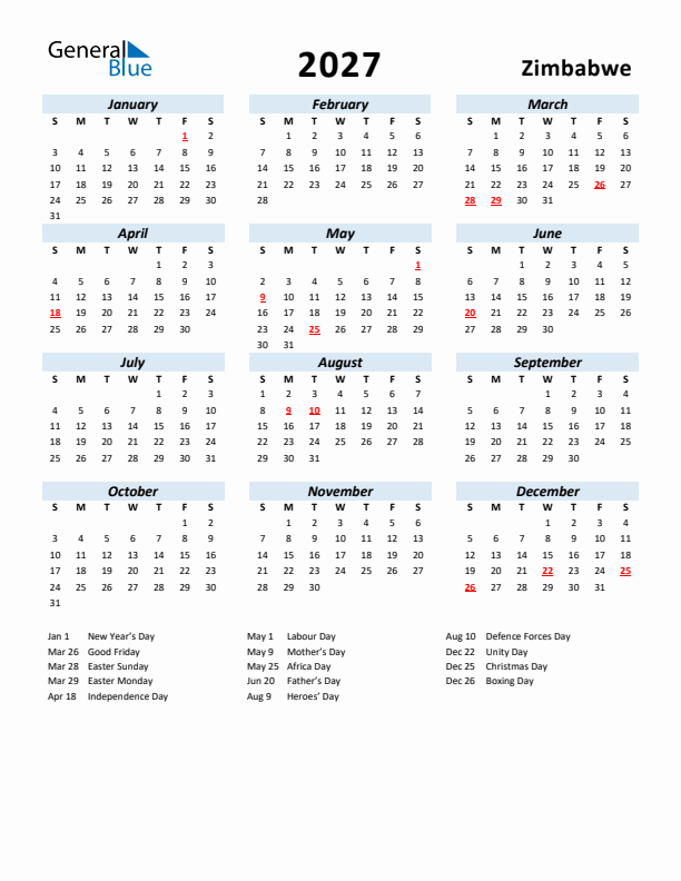 2027 Calendar for Zimbabwe with Holidays