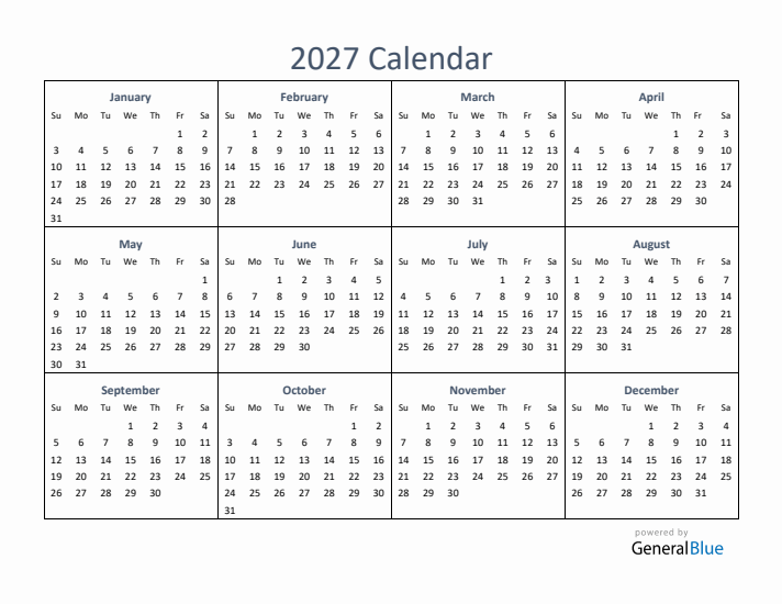 One-Page Yearly Calendar 2027 in PDF, Excel, Word