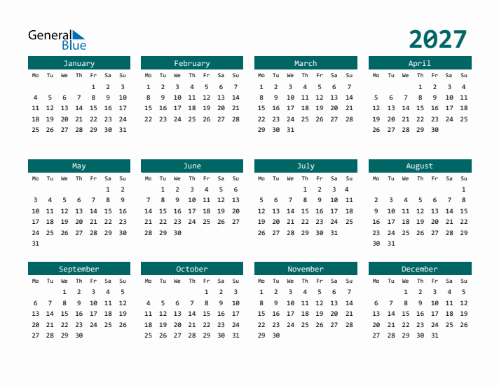 Downloadable 2027 Calendar