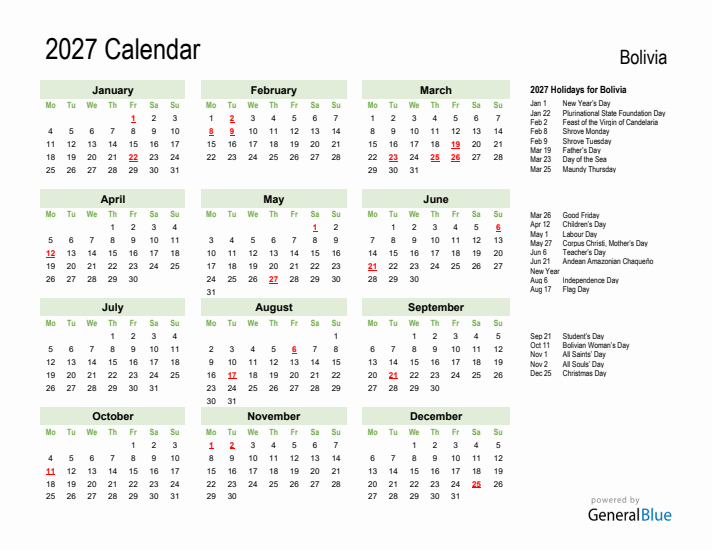 Holiday Calendar 2027 for Bolivia (Monday Start)