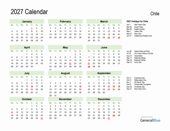 Holiday Calendar 2027 for Chile (Monday Start)