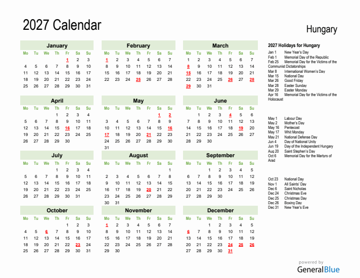 Holiday Calendar 2027 for Hungary (Monday Start)