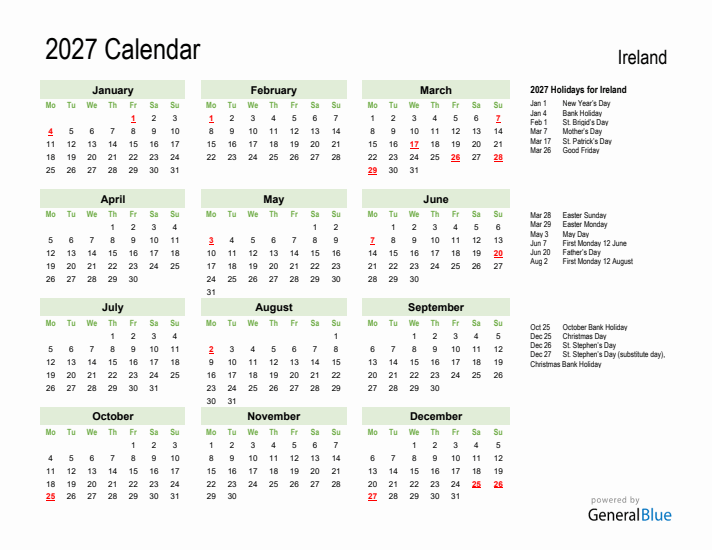 Holiday Calendar 2027 for Ireland (Monday Start)