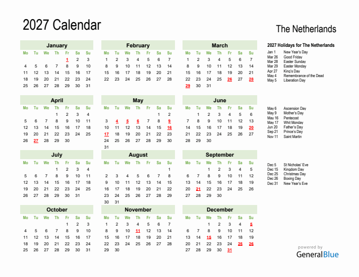 Holiday Calendar 2027 for The Netherlands (Monday Start)