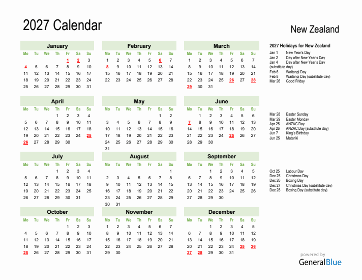 Holiday Calendar 2027 for New Zealand (Monday Start)