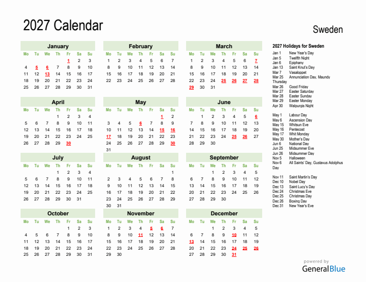 Holiday Calendar 2027 for Sweden (Monday Start)