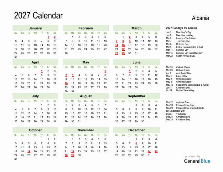 Holiday Calendar 2027 for Albania (Sunday Start)