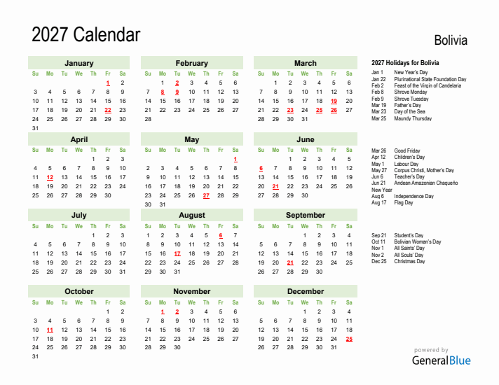 Holiday Calendar 2027 for Bolivia (Sunday Start)