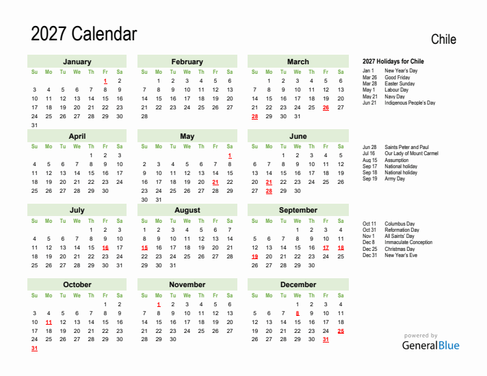 Holiday Calendar 2027 for Chile (Sunday Start)