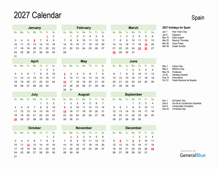 Holiday Calendar 2027 for Spain (Sunday Start)