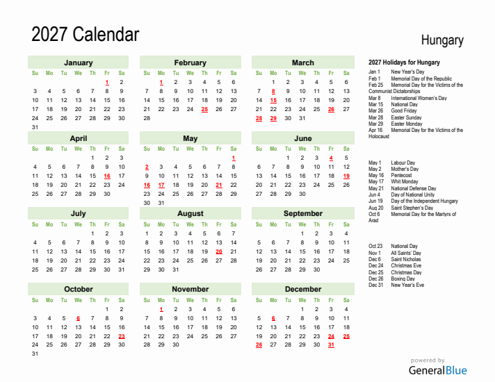 Holiday Calendar 2027 for Hungary (Sunday Start)