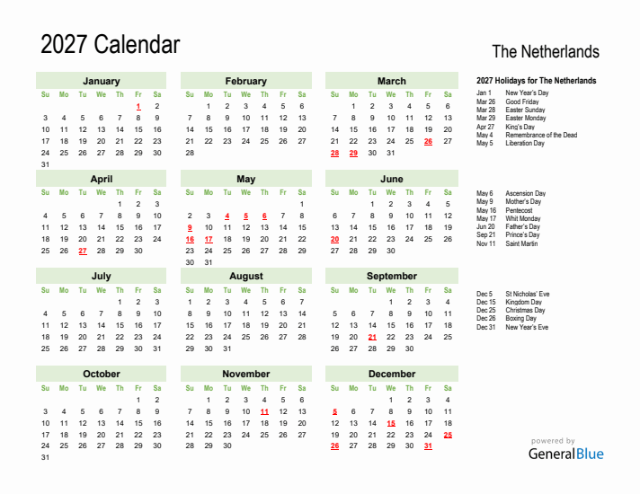 Holiday Calendar 2027 for The Netherlands (Sunday Start)