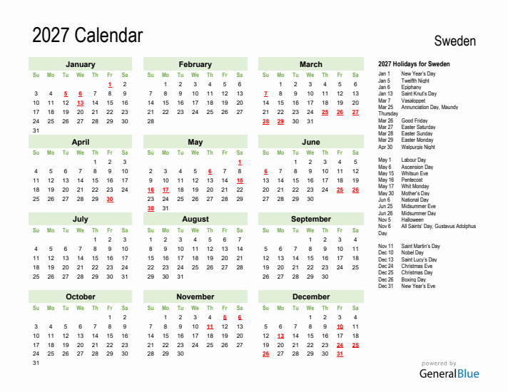 Holiday Calendar 2027 for Sweden (Sunday Start)