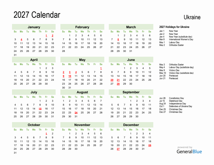 Holiday Calendar 2027 for Ukraine (Sunday Start)