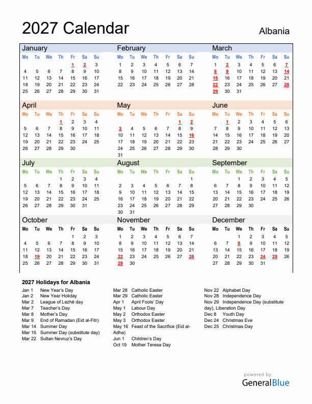 Calendar 2027 with Albania Holidays