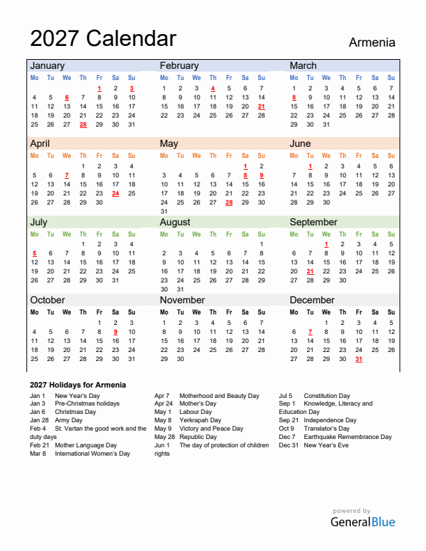 Calendar 2027 with Armenia Holidays