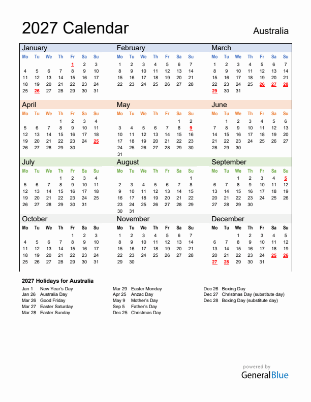 Calendar 2027 with Australia Holidays