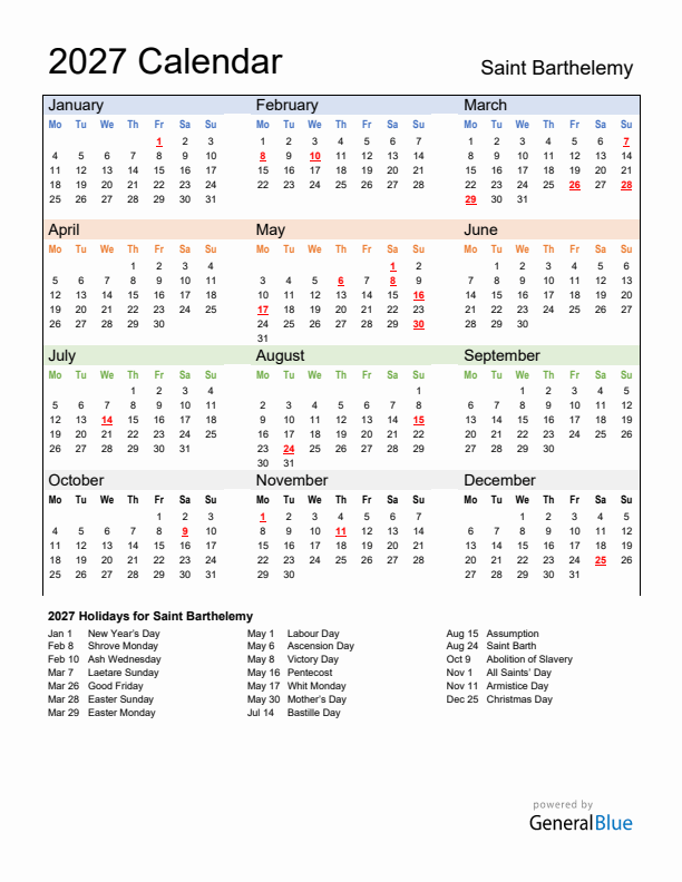 Calendar 2027 with Saint Barthelemy Holidays