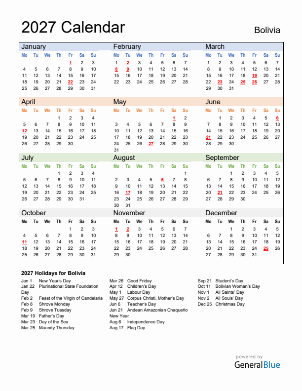 Calendar 2027 with Bolivia Holidays