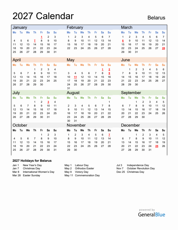 Calendar 2027 with Belarus Holidays