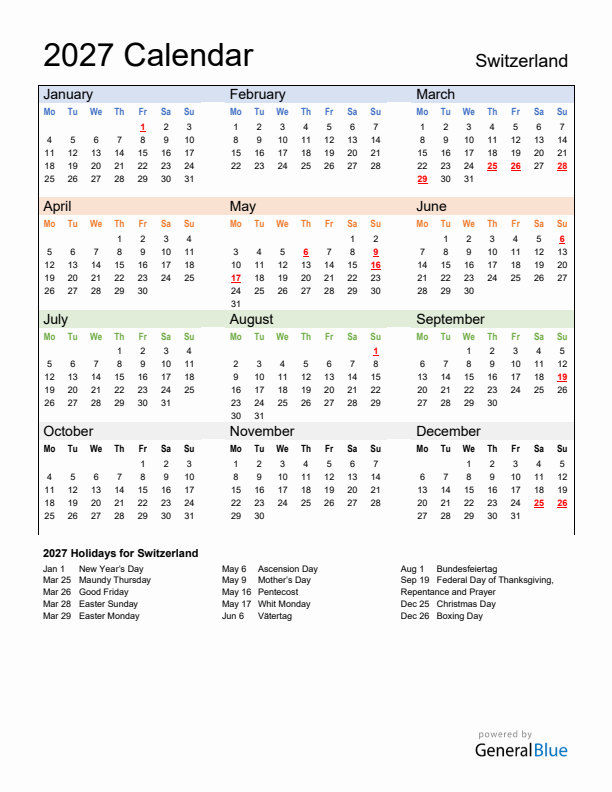 Calendar 2027 with Switzerland Holidays