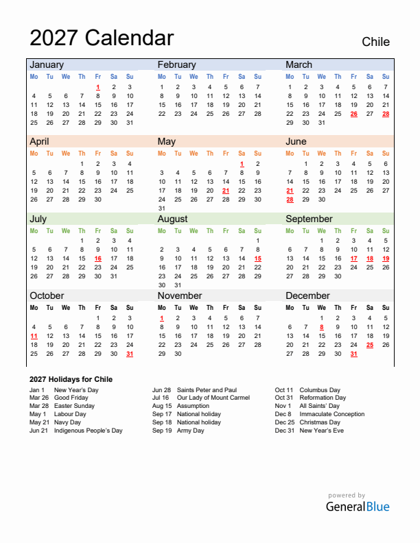 Calendar 2027 with Chile Holidays