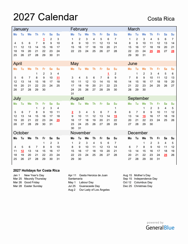 Calendar 2027 with Costa Rica Holidays